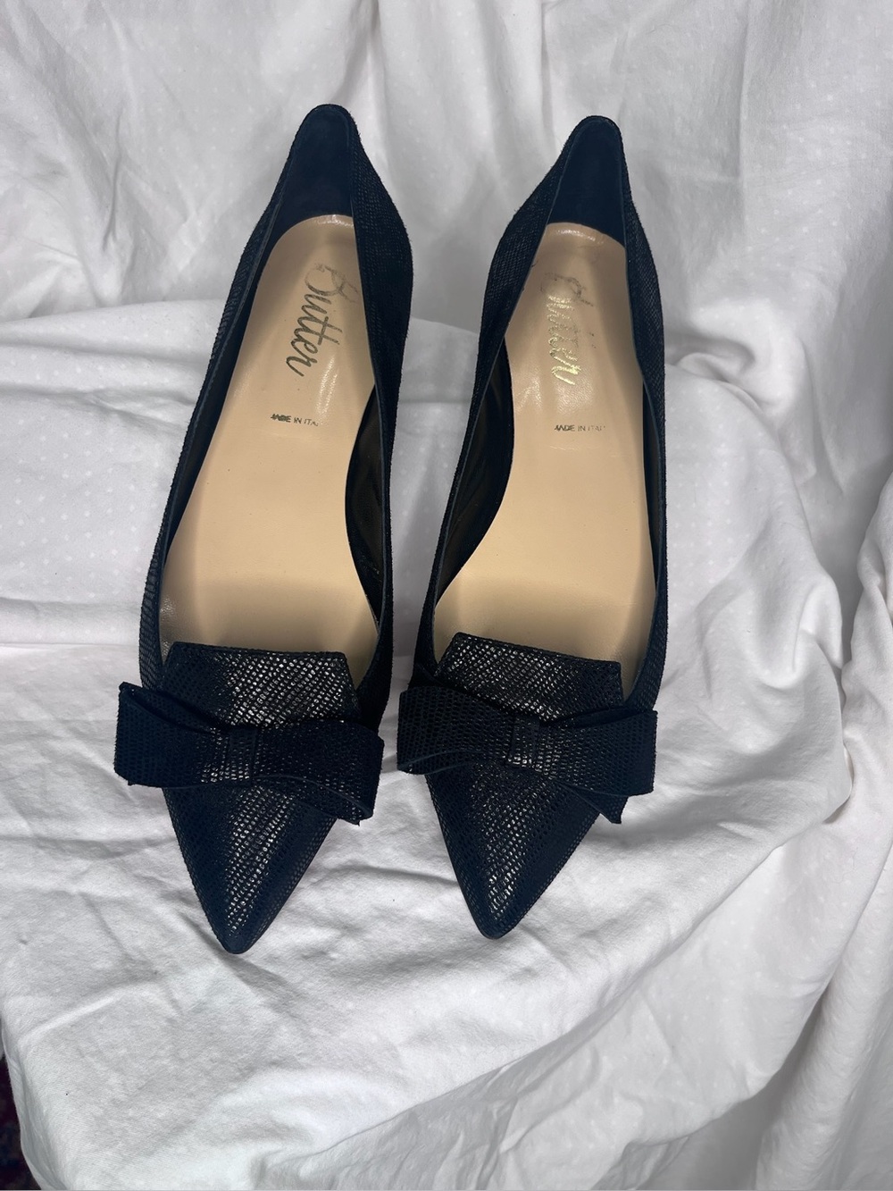 Butter Made in Italy Black Glitter Bow Pointed Toe Flats Women's Size 9.5